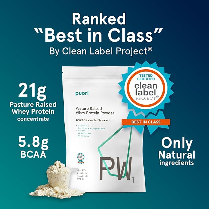 Puori Whey Protein Powder Bourbon Vanilla - PW1 Pasture-Raised Grass-Fed Whey Protein Powder Drink Mix containing BCAA Amino Acids - Post-Workout Supplement for Muscle Gain &amp Recovery - 60 Servi