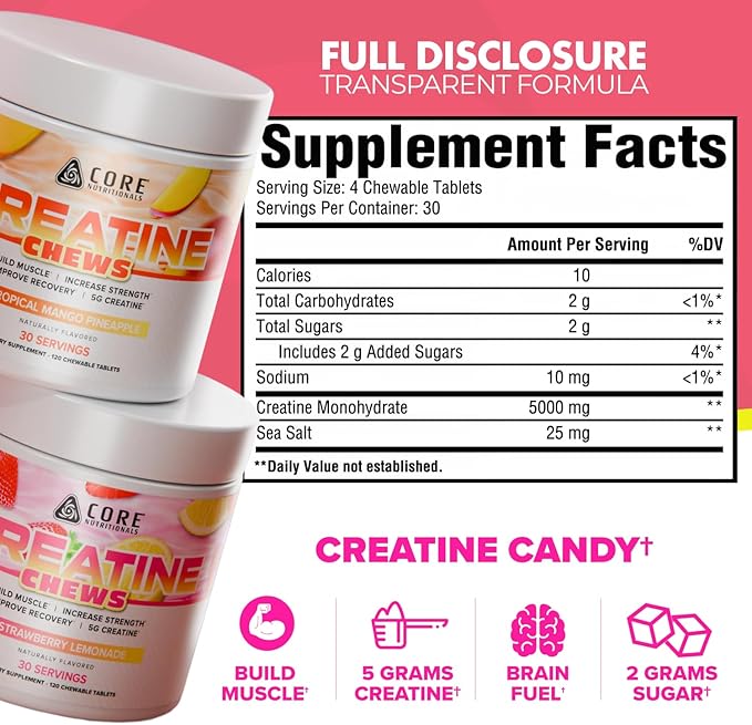 Core Nutritionals Creatine Chews | Creatine Monohydrate with Sea Salt | Muscle Strength Performance &amp Hydration Support | 30 Servings (Tropical Mango Pineapple)