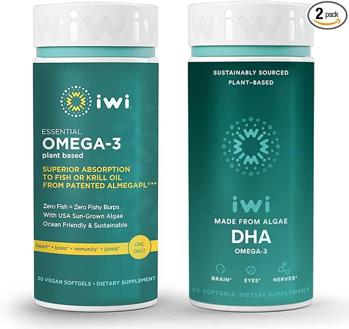 Iwi Omega-3 Essential &amp DHA Omega-3 Bundle 30 Servings Vegan Plant-Based Algae Omega 3 Krill &amp Fish Oil Alternative No Fishy Aftertaste