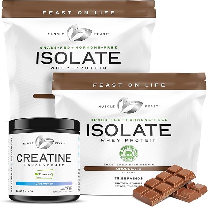Muscle Feast Creapure Creatine Monohydrate - Unflavored 300g (x1) and Isolate Whey Protein Powder - Chocolate 5lb (x2) - Muscle Recovery and Performance Bundle