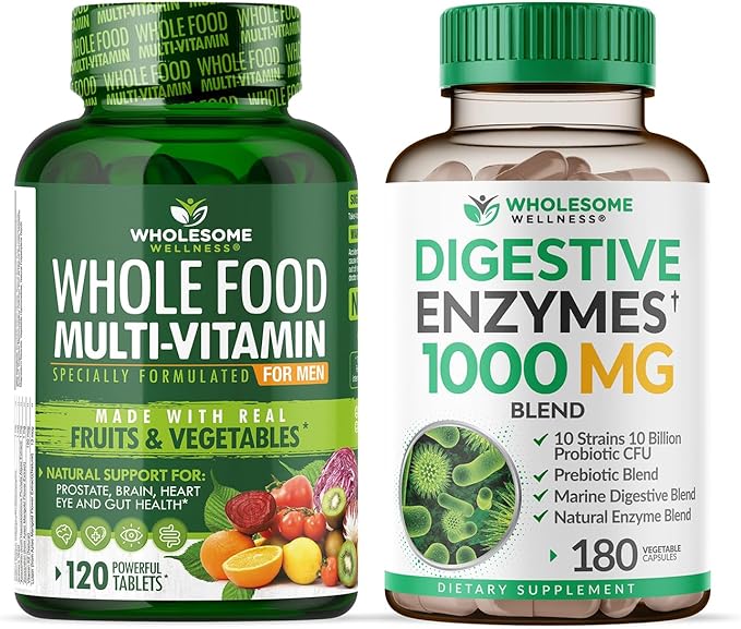 Wholesome Wellness Whole Food Multivitamin for Men - Natural Multi Vitamins Minerals Organic Extracts Digestive Enzymes 1000MG Plus Prebiotics &amp Probiotics Bundle