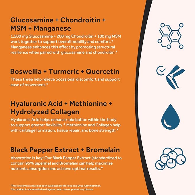 Doctor's Recipes Glucosamine Chondroitin MSM Turmeric Quercetin Movement Support Supplement for Men &amp Women with Black Pepper for High Absorption Mobility &amp Flexibility No Shellfish 240 T