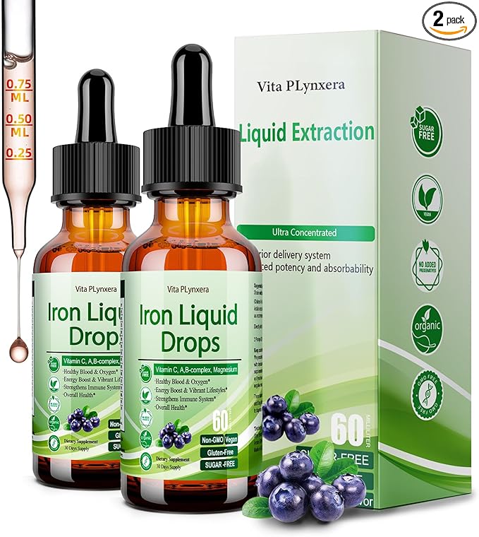 2 Pack Liquid Iron Supplement for Women Men &amp Kids Vegan Iron Drops with Vitamin C D B12 B-Complex High Potency Liquid with Multivitamin for Anemia Energy Support Magnesium Iron Gentle
