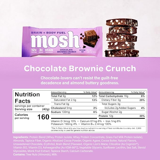 MOSH Chocolate Brownie Keto Protein Bars High Fiber Low Carb Gluten Free High Protein Brain Healthy Snack 12 Count
