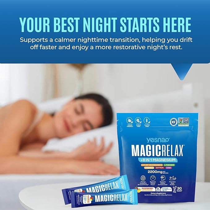 MAGICRELAX Supercalm Sparking Drink Mix Powder 8-in-1 Magnesium KSM-66 Ashwagandha Saffron D3 GABA L-Theanine Supports Healthy Cortisol LevelsMood and Sleep No Sugar Non GMO Raspberry Lemonade Flavor