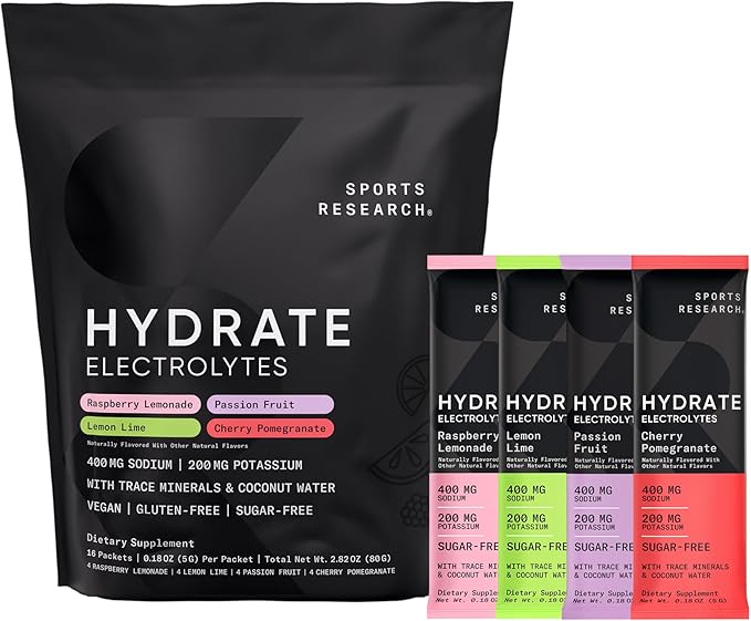 Sports Research Creatine Monohydrate (100 Servings) Hydrate Electrolytes Variety Packets (16 Count) and Dutch Chocolate Whey Protein Isolate (25 Servings)