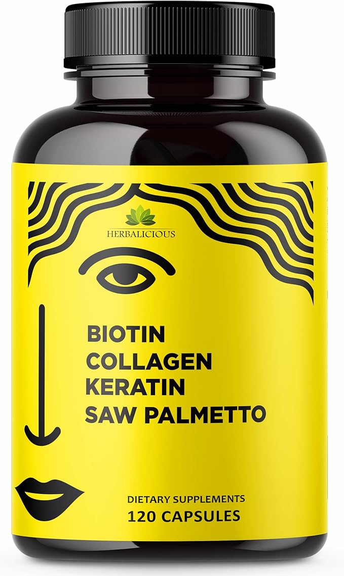 HERBALICIOUS Biotin Collagen Keratin Capsules with Saw Palmetto – Hair Skin Nails Support Formula with Vitamin C – 10000 mcg Biotin – Made in USA – 120 Capsules