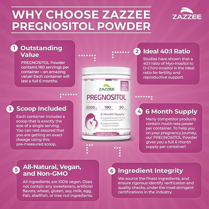 Zazzee PREGNOSITOL Powder 6 Month Supply Myo-Inositol and D-Chiro-Inositol 40:1 Fertility Blend Free Scoop for Exact Dosage Premium Balanced Formula 180 Servings Vegan All-Natural and Non-GMO