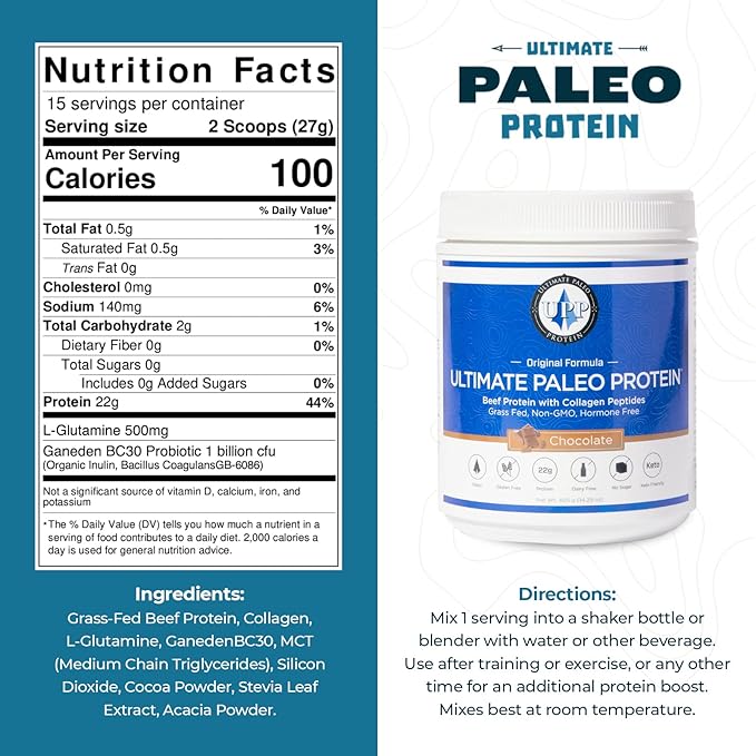 Ultimate Paleo Protein Powder | Premium Grass Fed Beef Protein with Collagen Peptides | Paleo Friendly Gluten Free Keto Friendly No Artificial Sweeteners or Preservatives - Chocolate 30 Servings