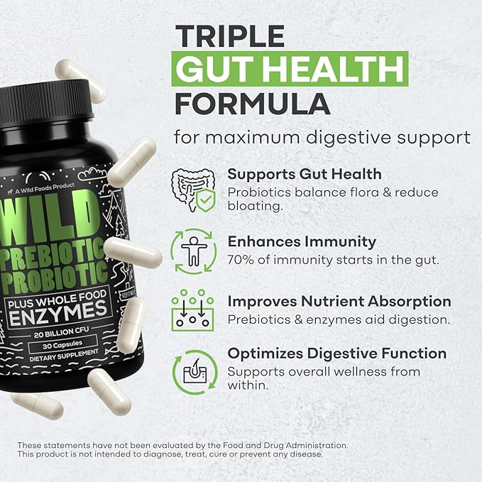 Wild Prebiotics and Probiotics with Digestive Enzymes | 20 Billion CFU - 10 Strains for Women &amp Men | Support Gut Health &amp Digestion Supplements | Non-GMO Prebiotic Fiber | 30 Count (Pack of 2