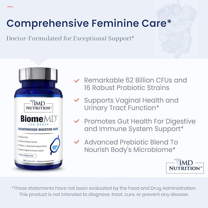 1MD Nutrition BiomeMD Probiotics for Women - 62 Billion CFUs 16 Strains with Prebiotics | Supports Vaginal &amp Urinary Health - Doctor-Formulated | 30 Capsules (2-Pack)