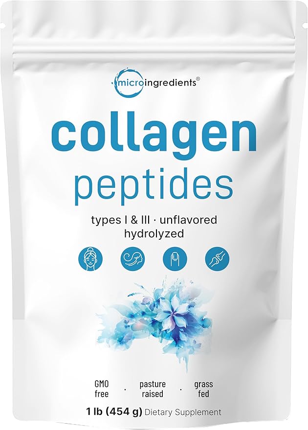 Micro Ingredients Hydrolyzed Collagen Peptides Powder 1lb | Type I &amp III Grass-Fed Collagen for Women &amp Men | Unflavored Protein for Hair Skin Nails Joints* | Easy Dissolve Paleo Non-GMO