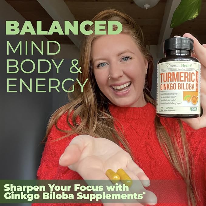 Ginkgo Biloba and Turmeric Curcumin Supplement with Black Pepper &amp Organic Tumeric – Natural Turmeric Supplement for Focus Memory Joint &amp Brain Health – 60 Vegan Ginko Biloba Capsules with C