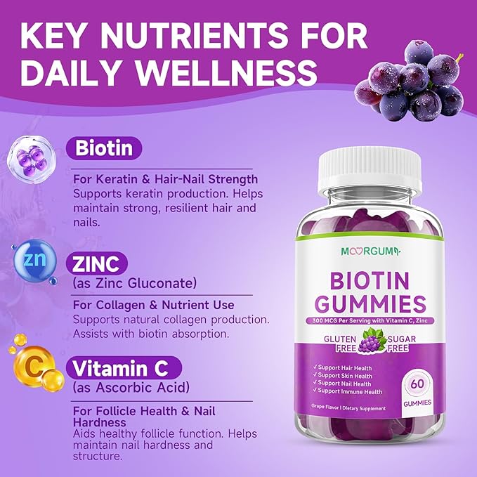 Sugar Free Biotin Hair Skin &amp Nails Gummies Supports Healthy Hair Skin and Stronger Nails with Vitamin C Zinc Chewable Vitamin B7 Supplements for Women &amp Men Vegan Non-GMO Grape 120 C