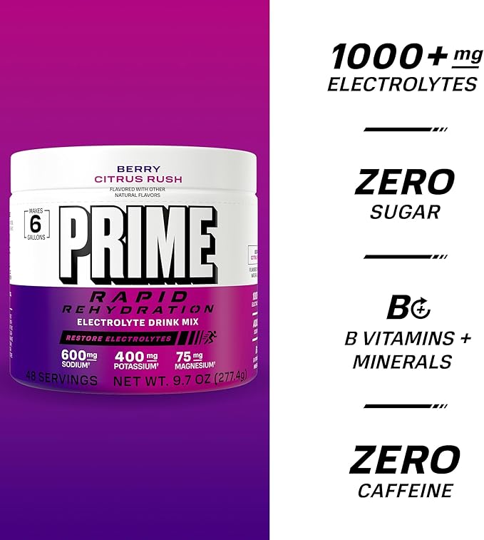 Prime Rapid Rehydration Electrolyte Powder Berry Citrus Rush Sugar Free Hydration Drink Mix with Sodium Potassium Magnesium &amp B Vitamins to Replenish Fluids Caffeine Free 6 Gallon Tub 48 SR