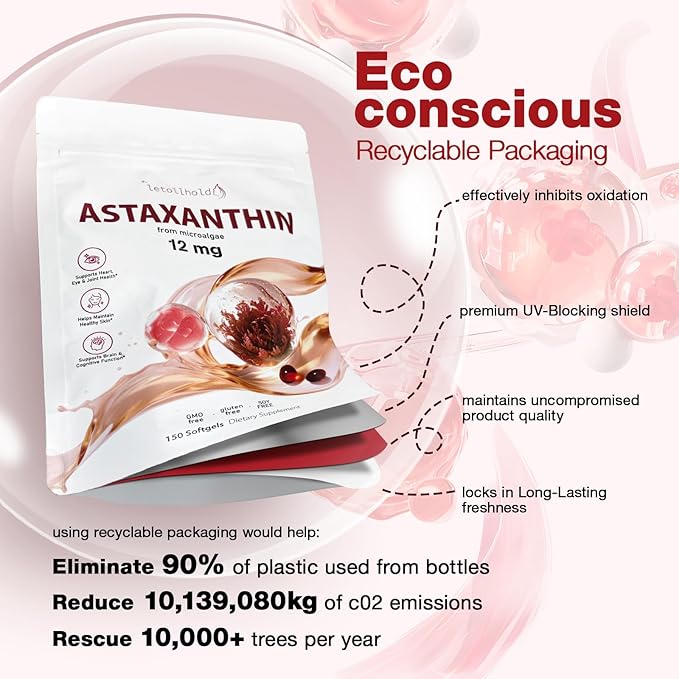 Astaxanthin 12mg 150 Softgels - 5 Month Supply Astaxanthin Supplements Sourced from Fresh Microalgae Non-GMO Gluten Free Easy to Swallow