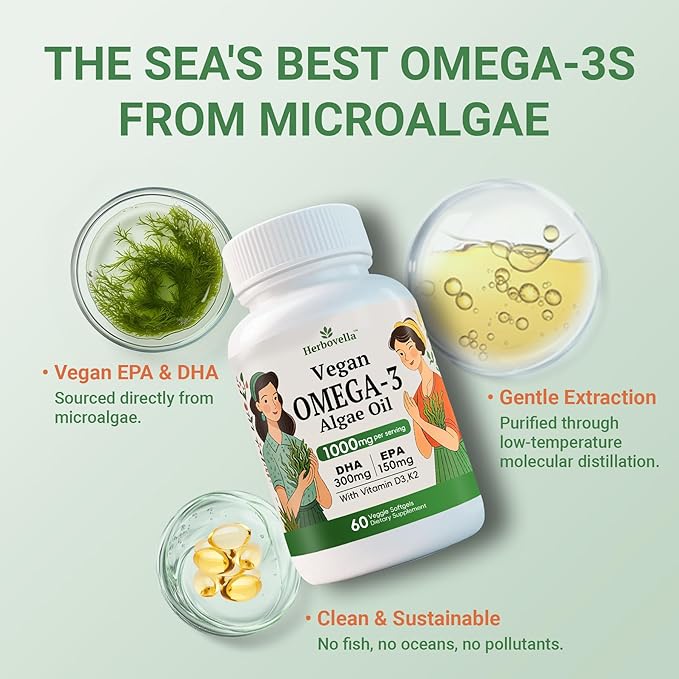 Algae Omega 3 Softgels with 300mg DHA 150mg EPA &amp Vitamin D3 &amp K2 - Omega 3 Supplement Fatty Acid to Support Brain Eye &amp Immunity - Vegan 60 Count