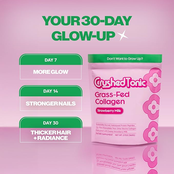 Crushed Tonic Korean Beauty Collagen Powder | Hydrolyzed Bovine Collagen Peptides for Skin Hair &amp Nails | K-Beauty Drink | Gluten-Free Halal &amp Kosher (Strawberry Soda 30 Servings (150 g) P
