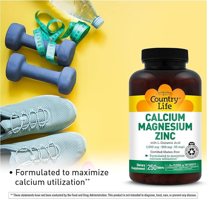 Country Life Calcium Magnesium Zinc with L-Glutamic Acid Dietary Supplement for Bone Support Certified Gluten Free  1000mg/500mg/50mg 250 Tablets