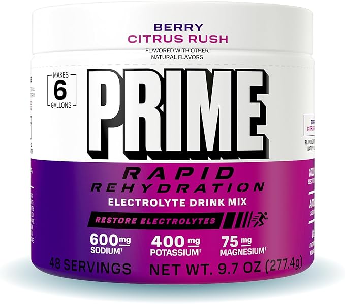 Prime Rapid Rehydration Electrolyte Powder Berry Citrus Rush Sugar Free Hydration Drink Mix with Sodium Potassium Magnesium &amp B Vitamins to Replenish Fluids Caffeine Free 6 Gallon Tub 48 SR