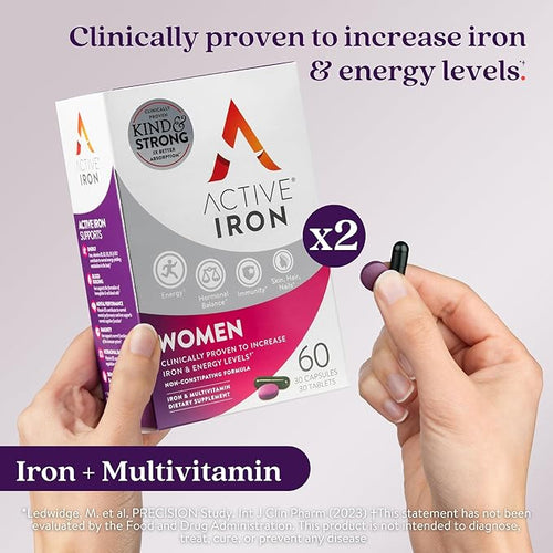 Active Iron Supplement 25mg + Multivitamin for Women Clinically Proven to Increase Iron &amp Energy Levels Maximum Absorption Gentle Non-Constipating 60 Capsules + 60 Tablets in On-the-Go Foil P