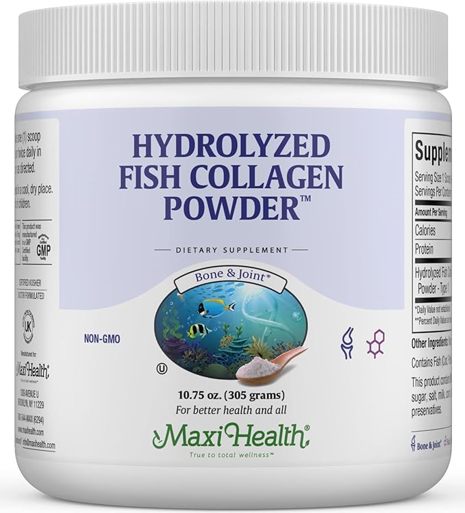 Maxi Health Collagen Peptides Powder – Type I Unflavored Marine Powder Collagen for Women &amp Men - Wild-Caught Protein Supplement for Joints Skin Hair &amp NailNails (10.75 oz)