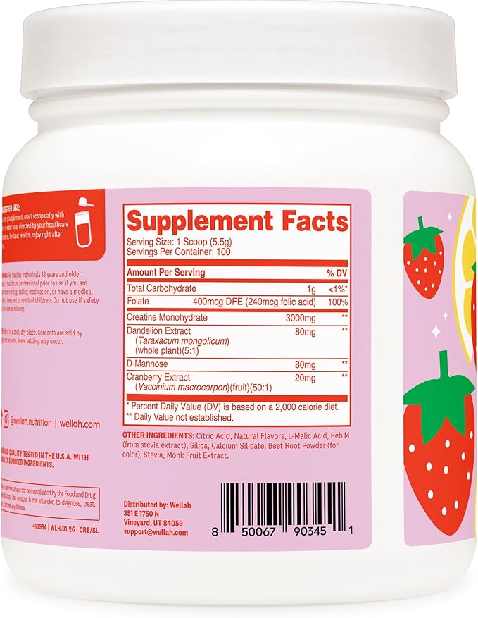 Wellah Creatine for Women - Creatine Monohydrate with Dandelion &amp Cranberry Extract (100 Servings Strawberry Lemonade)