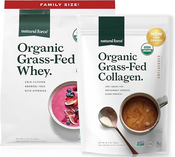 Natural Force Grass Fed Organic Whey Protein Powder 5 Pound A2 Protein Organic Clean Collagen Peptides Powder Unflavored 10.7oz