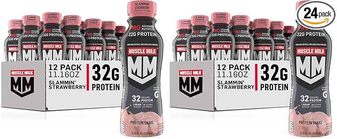 Muscle Milk Pro Advanced Nutrition Protein Shake Slammin' Strawberry 11.16 Fl Oz 32g Protein 1g Sugar 16 Vitamins &amp Minerals 5g Fiber Bottled Liquid Gluten Free (Pack of 24)