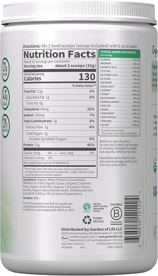 Garden of Life Whey Protein Powder Chocolate Cacao Flavor - 21g Certified Organic Grass Fed Protein for Women &amp Men + Probiotics - 12 Servings - Gluten Free Kosher Humane rBST &amp rBGH Hormon