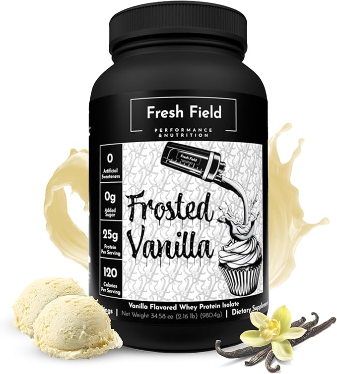 Fresh Field Vanilla Protein Powder - 25g Whey Protein Isolate Gluten-Free &amp Soy-Free Sugar-Free 30 Servings - Natural Whey Protein Powder for Workout Fitness &amp Nutrition Shakes - 2.16 lb