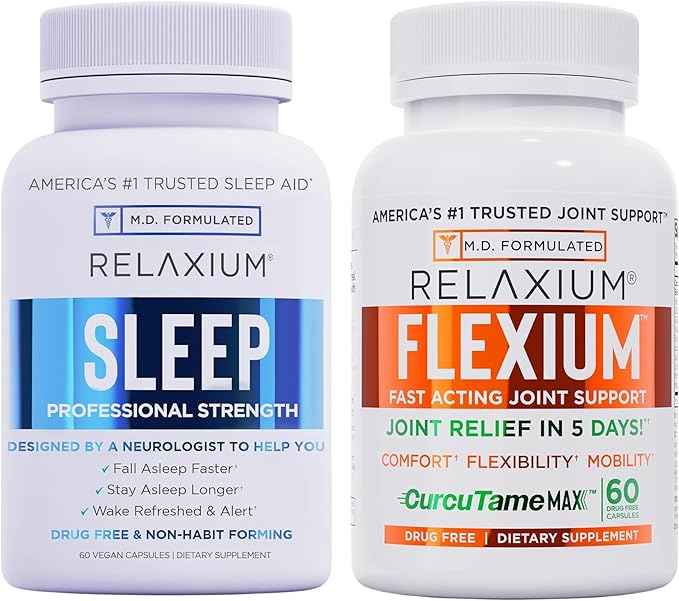Relaxium Sleep &amp Joint Relief Bundle Melatonin &amp Ashwagandha Sleep Aid + CurcuTame &amp Glucosamine Chondroitin 60 Capsules Each Drug-Free Support for Sleep &amp Joint Health