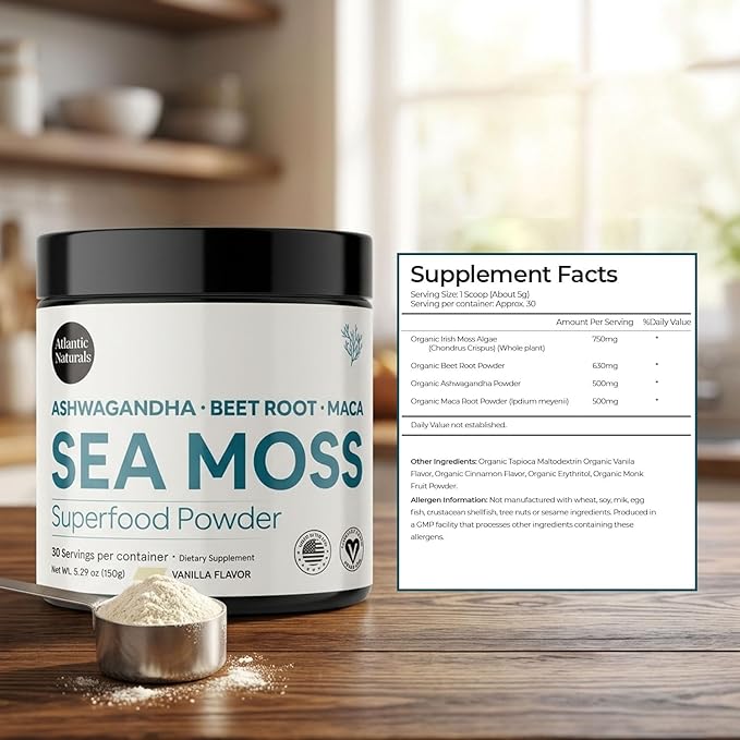 Atlantic Naturals Superfood Organic Sea Moss Powder Blend with Ashwagandha Maca Root &amp Beet Root | Ideal for Healthy Skin Positive Mood &amp Energy | Vanilla Flavor (150g)