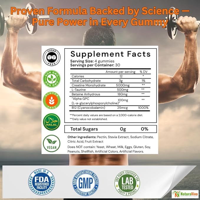 Creatine Monohydrate Gummies 5000mg | Muscle Growth Strength &amp Recovery – Vegan Sugar-Free Blueberry Flavor 120 Count | Sports Nutrition for Men &amp Women | Non-GMO Gluten-Free GMP Certifi