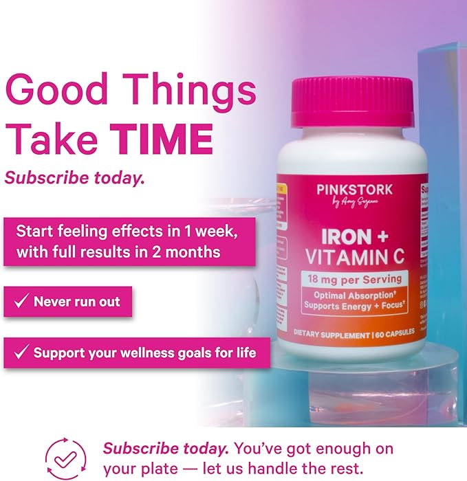 Pink Stork Iron for Women – 18 mg Non-Constipating Iron Bisglycinate + Vitamin C for Optimal Absorption – Energy Focus &amp Oxygen Supply – PMS Pregnancy Postpartum &amp Perimenopause - 60 Capsu