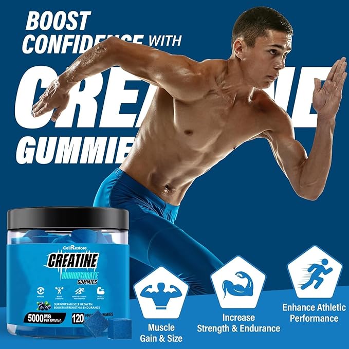 Creatine Monohydrate Gummies for Men &amp Women-5g of Creatine Monohydrate per Serving- Help Increase Strength and Build MuscleSugar FreeVeganBlueberry Flavor 120 Count