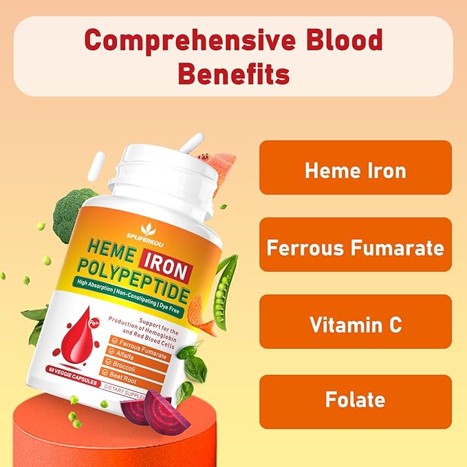 Heme Iron Supplement for Women and Men - Easy to Absorb -Gut Friendly Iron Supplement with Folate Vitamin C and Vitamin A - Vegan - 180 Caps