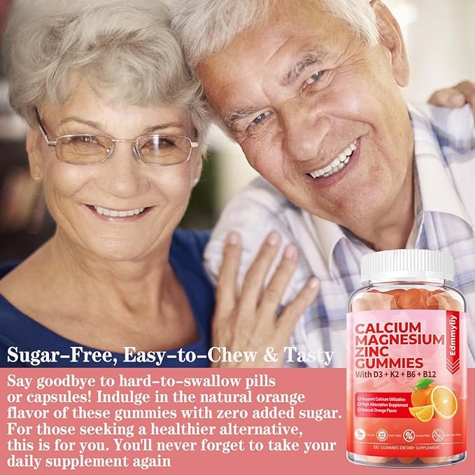 Sugar Free Calcium Magnesium Zinc Supplement Gummies with Vitamin D3 &amp B12 for Women and Men High Absorption Calcium Magnesium Supplement for Immune Support (120 Counts)