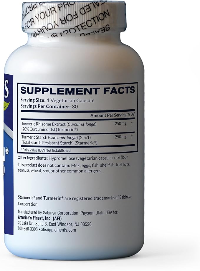 AFI Turmeric Curcuminoid &amp Starmeric Turmeric Supplement 250 mg Each Joint &amp Antioxidant Support