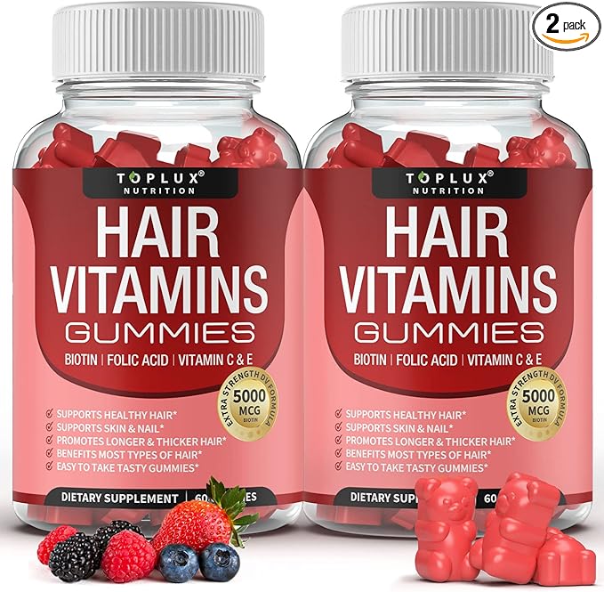Hair Vitamins Gummies Supplement – Faster Hair Growth Gummy 5000mcg Biotin Folic Acid Vitamin C &amp E Support Stronger &amp Thicker Hair Skin Nails Non-GMO for Men Women 60 Berry Flavored G