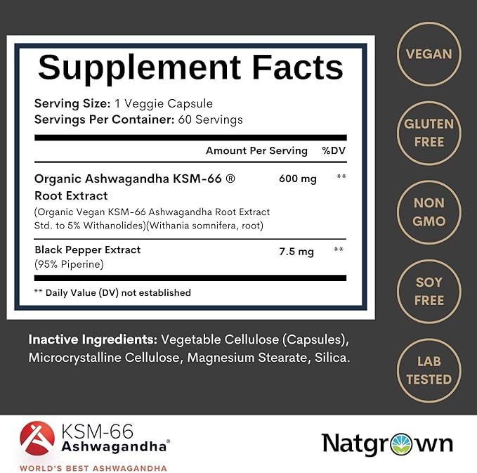 Natgrown Ashwagandha KSM 66 Supplement 600 mg - Stress Mood &amp Athletic Support - Organic KSM66 Root Extract with 5% Withanolides - Vegan Capsules - 60 Count