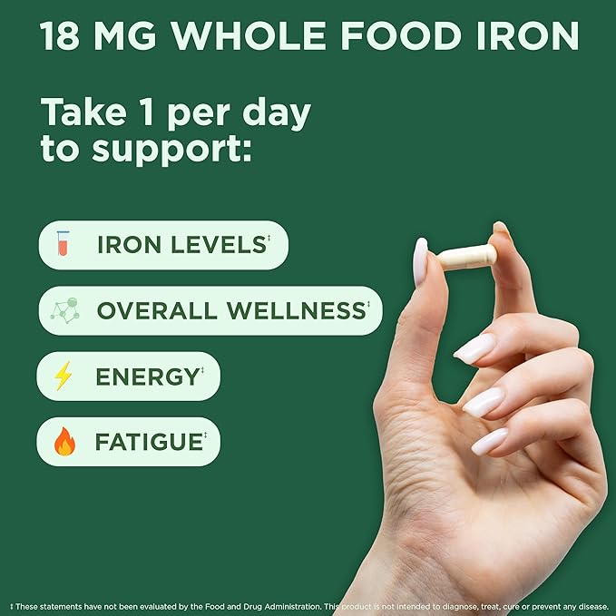 Yuve 100% Vegan Whole Food Chelated Iron Supplement 18mg – Tasteless Non-Constipating Gentle on Stomach Energy Support – Gluten-Free Non-GMO 60 Capsules
