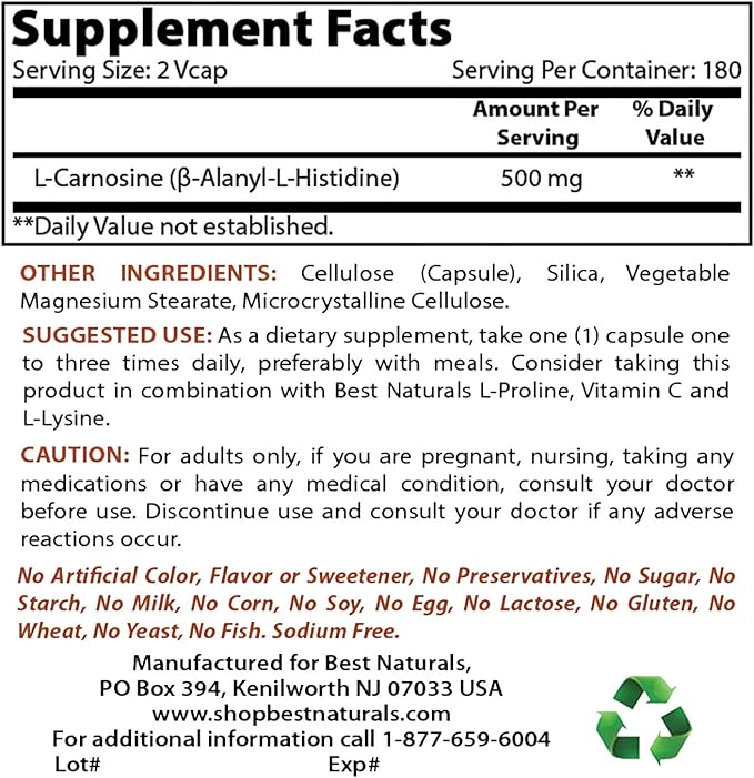 Best Naturals L-Carnosine 500 mg &amp B-100 Complex
