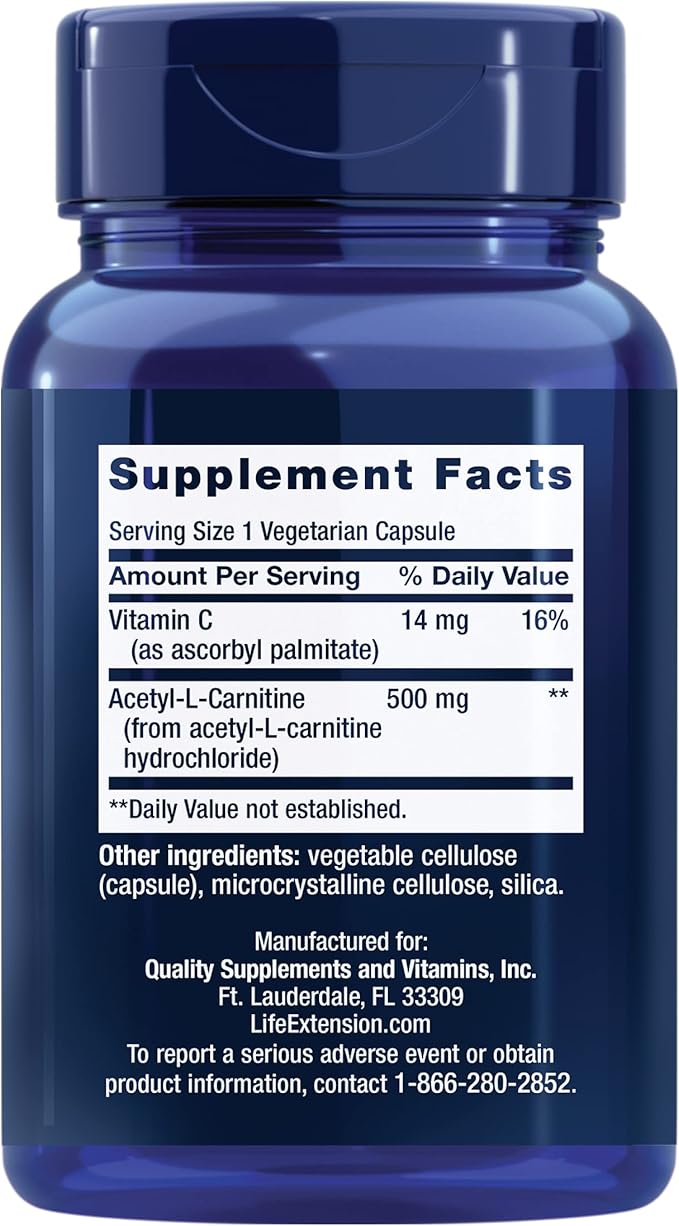 Life Extension Acetyl-L-Carnitine Acetyl-L-Carnitine Vitamin C Brain Mood &amp Nerve Health Cellular Energy 3-Month Supply Gluten-Free Non-GMO Vegetarian 100 Capsules