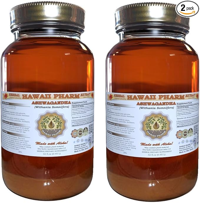 Hawaii Pharm Ashwagandha Liquid Extract Ashwagandha (Withania Somnifera) Dried Root Tincture Supplement 2x32 oz Unfiltered