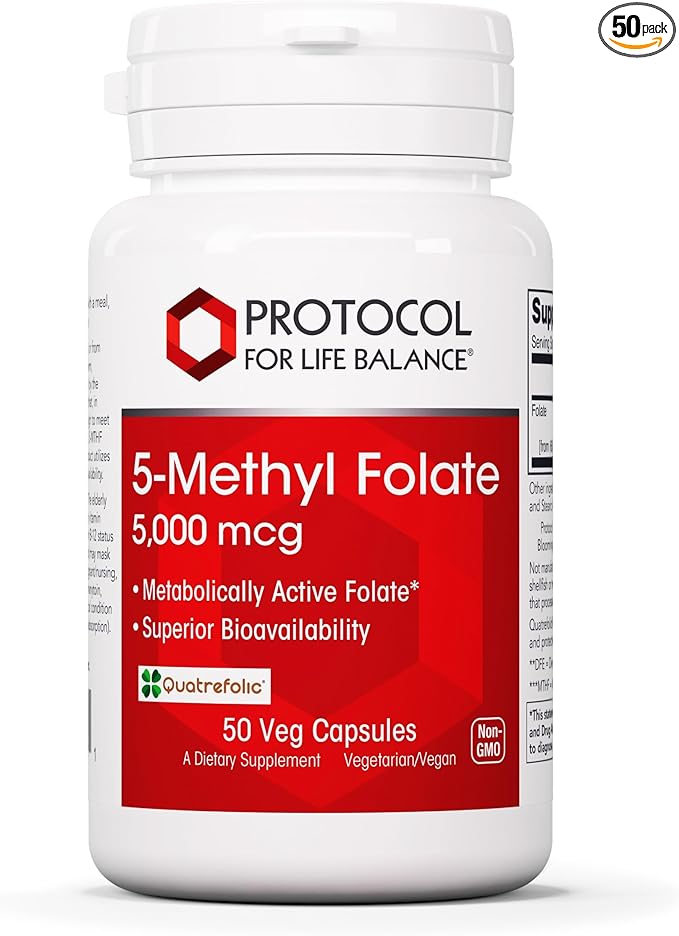 PROTOCOL FOR LIFE BALANCE 5-Methylfolate 5000mcg - Superior Methyl Folate Bioavailability - for Brain Support - Folate Supplement for Women &amp Men - Kosher &amp Vegan - 50 Veg Caps