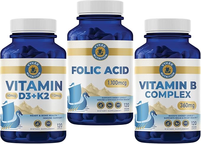 Vykee Nutrition Women's Vitamins Bundle – Folic Acid B Complex D3 K2 | 3-Pack | Vegan &amp Non-GMO