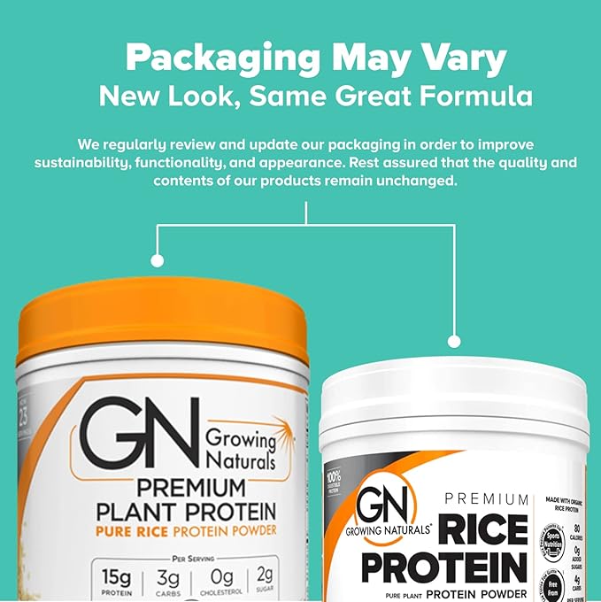 Growing Naturals Organic Rice Protein Powder - 15g Plant Protein 2.8G BCAA - Low-Carb Low-Sugar Non-GMO - Original Unflavored 16.2 Ounce (Pack of 1)