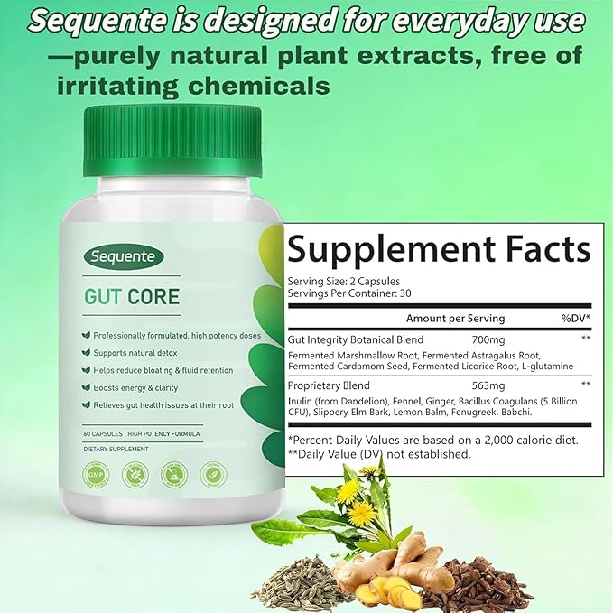 GutCore Advanced Bloat Relief Capsules – Vegan Non-GMO Daily Gut Support Radiant Skin &amp Natural Detox – 60 Capsules
