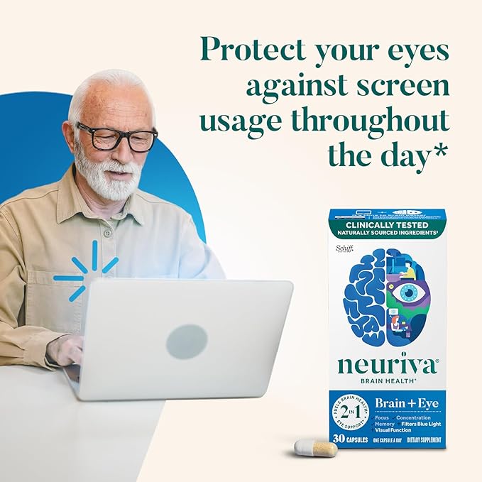 NEURIVA Brain + Eye Supplement for Memory Focus &amp Concentration with Lutein &amp Vitamins A C E and Zinc for Eye Health &amp Zeaxanthin to Filter Blue Light 30ct Capsules (Pack of 2)